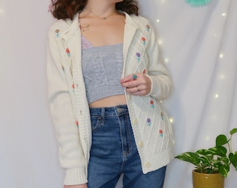 70s Vintage Embroidered Floral Cardigan: Ivory Knit Sweater Small