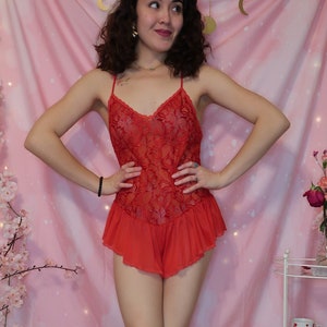 Vintage 70&#39;s lingerie, floral red lace bodysuit, Vanity Fair brand, size M, button closure, made in USA, flowy elegant intimate