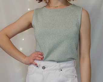 Vintage 90's y2k metallic light green tank top, size XS S, lightweight stretchy disco sparkle blouse, spring preppy fashion, retro style