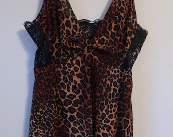 Vintage 90&#39;s y2k leopard black lace teddy lingerie, size M, ruched bust, cheetah print, women&#39;s intimates, elegant, adjustable straps
