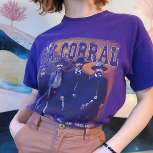 Vintage 90&#39;s OK Corral t-shirt tombstone arizona, size M, royal purple, 100 cotton, western country rodeo, gunfight, wild west, unique