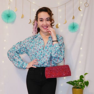 Vintage 70&#39;s blue floral orchid blouse, M/L, long sleeve, boho lightweight, retro abstract colorful secretary top, fun spring summer
