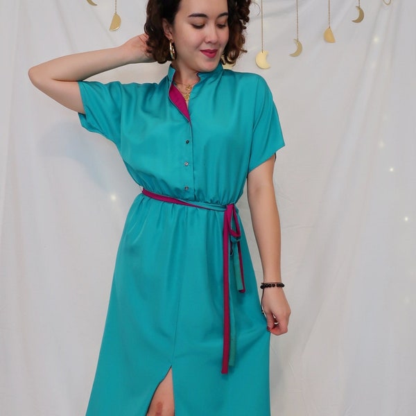 Vintage 80's short sleeve teal purple dress, tie belt elastic waistband, LTD by Roberta, 100 polyester, lightweight midi dress, size 9-10