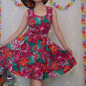 Vintage 90&#39;s hawaiian pink dress, size S/M, button up w/ pockets, sleeveless w/ tie back, swing style pin up rockabilly, 100 cotton