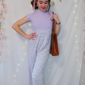 Vintage 90&#39;s purple floral gingham jumpsuit, sweater top, wide leg pants, child size L, adult XXS/XS, w/ tie, spring summer fashion, USA