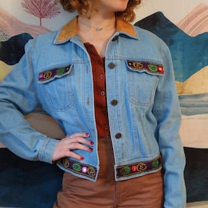Vintage 80&#39;s denim jean jacket w/ aztec print, size 10, cropped, embroidered, silk collar, multicolored button up, boho grunge hippie style