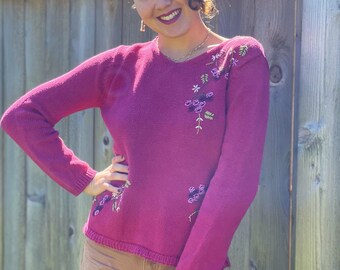 Vintage 90's magenta pink floral knit sweater, size S, Liz Clairborne brand, ramie cotton blend, embroidered flower design, v-neck