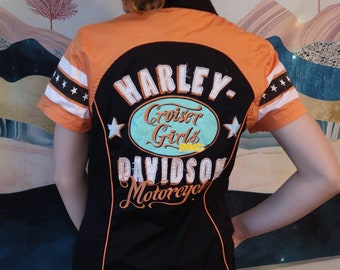 RARE Harley Davidson motorcycle shirt MC, size M, womens cruiser girls 3/4 zip up tee, color block orange black garage short sleeve, cotton