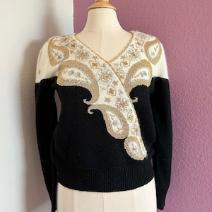 Vintage 80&#39;s metallic fuzzy sweater, size S, cozy fit, black white gold long sleeve, v neck pullover, Jaclyn Smith brand