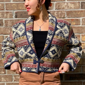 Vintage 80's 90's southwestern blanket tapestry jacket, cropped style, size S, multicolored aztec western, 100 cotton, native american style image 1