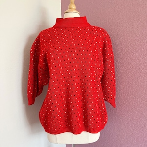Vintage 80&#39;s womens red pullover sweater, ski sportswear, size M, batwing half sleeve style, multicolored knit, 100 acrylic, Venezia brand