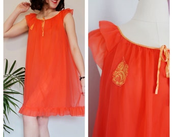 Vintage 60's red coral lingerie slip, size S, 100% nylon, rose floral embroidery, sheer unique negligee, ruffled design, Gossard of Artemis