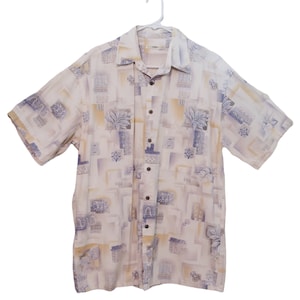 Vintage 90&#39;s abstract Hawaiian button-down shirt, size M, 100 cotton, floral geometric design, moda campia moda brand, island beach vacation