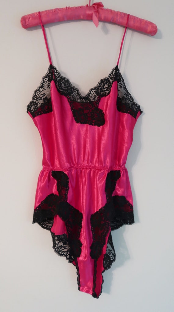 Vintage 80's hot pink black lace teddy bodysuit, … - image 3