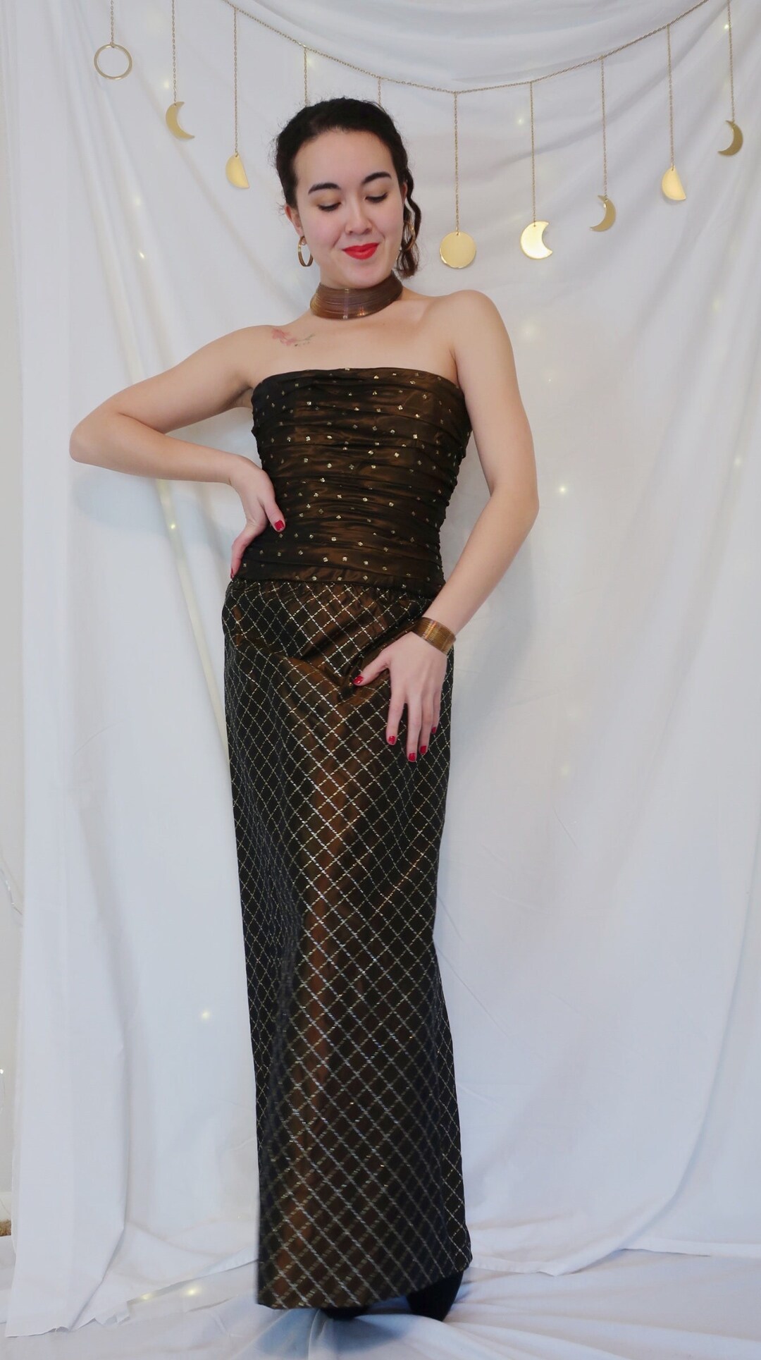 Vintage 80 s Neiman Marcus Taffeta Gown Glitter Gold and Brown Cocktail Formal Dress Elegant Style Size 6 XS S Strapless Ruched Waist Etsy