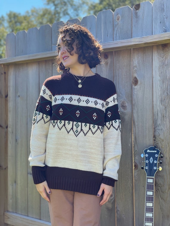 Vintage 70's floral knit pullover sweater, size L… - image 2