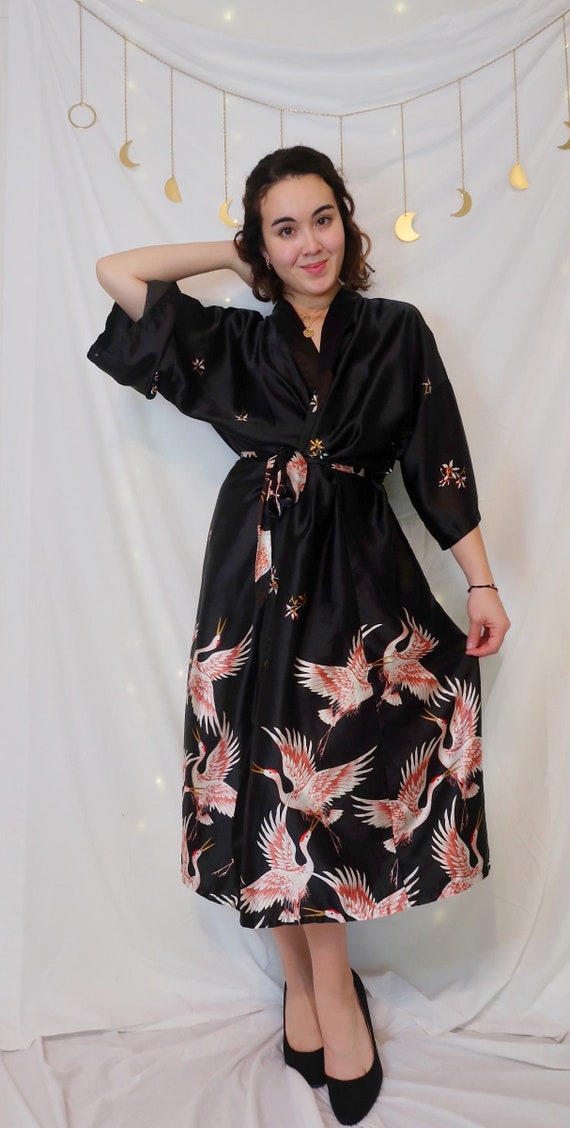 Vintage Black Kimono W Crane Bird Design Size L Belted Satin Polyester Mid length Honeymoon Open Front Valentines Day Dressing Gown Etsy