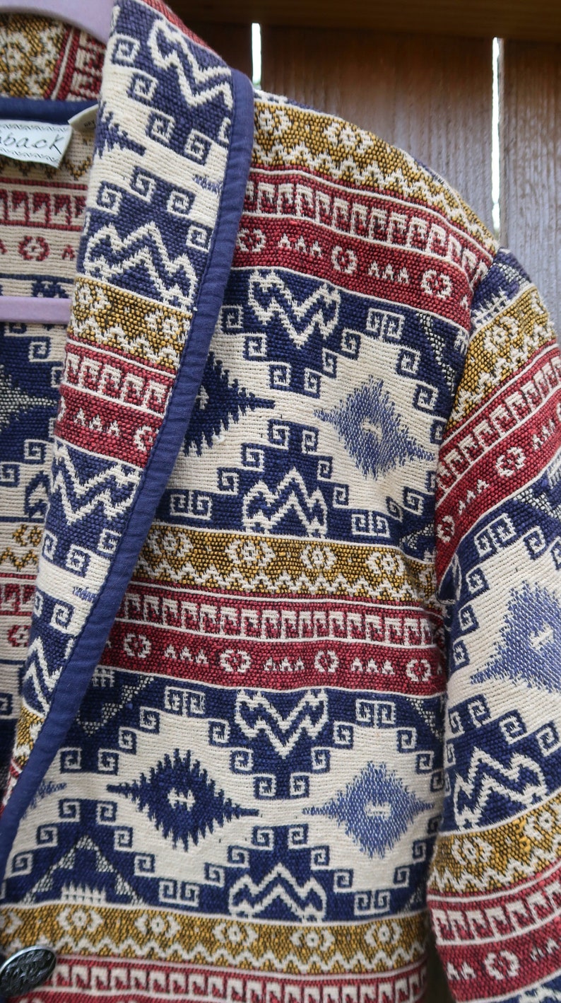 Vintage 80's 90's southwestern blanket tapestry jacket, cropped style, size S, multicolored aztec western, 100 cotton, native american style image 5