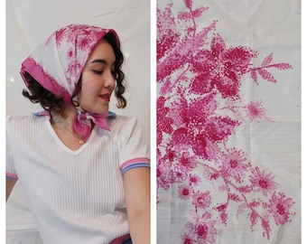 Vintage pastel pink white floral square scarf, light polyester, painted dot design, 23 x 23, retro fashion accessory, summer spring scarf