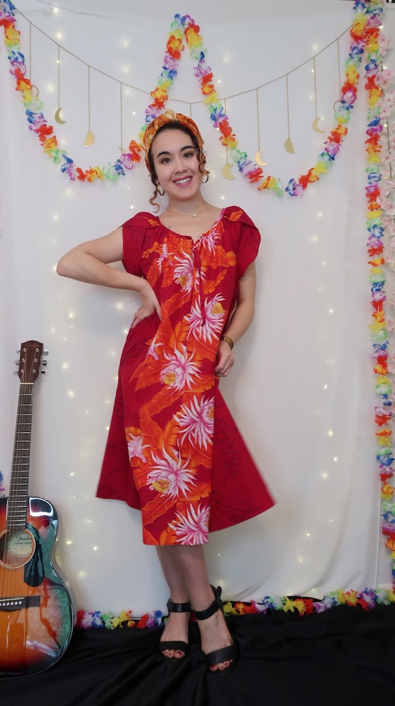 Vintage 70's / 80's hawaiian red muumuu dress, li… - image 1
