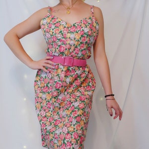 Vintage 90&#39;s floral tulip dress, size M, cotton linen blend, strapless v neck style, above the knee, summer spring fashion, loose fit, cute