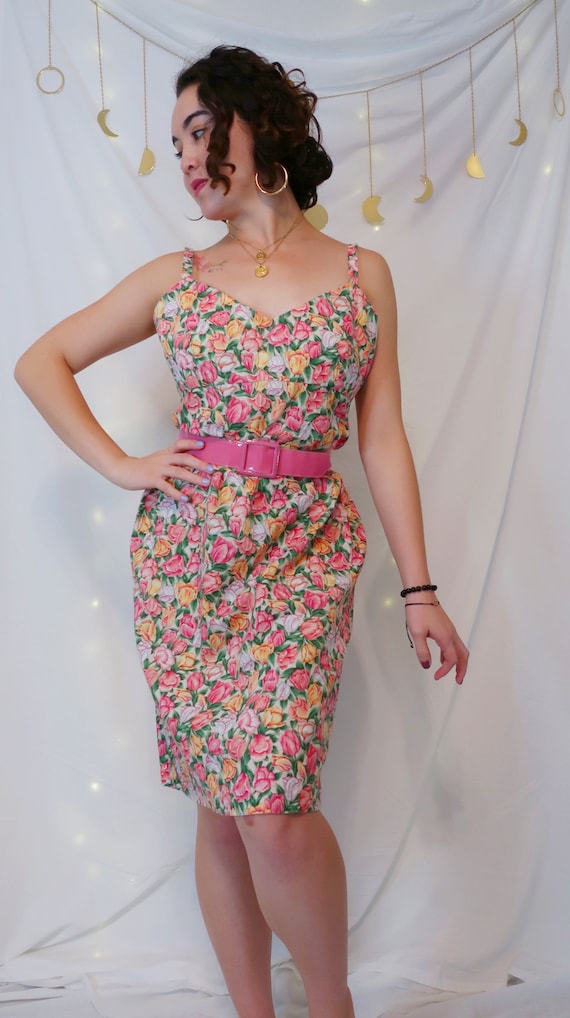 Vintage 90's Floral Tulip Dress, Size M, Cotton Linen Blend, Strapless V Neck Style, Above The Knee, Summer Spring Fashion, Loose Fit, Cute