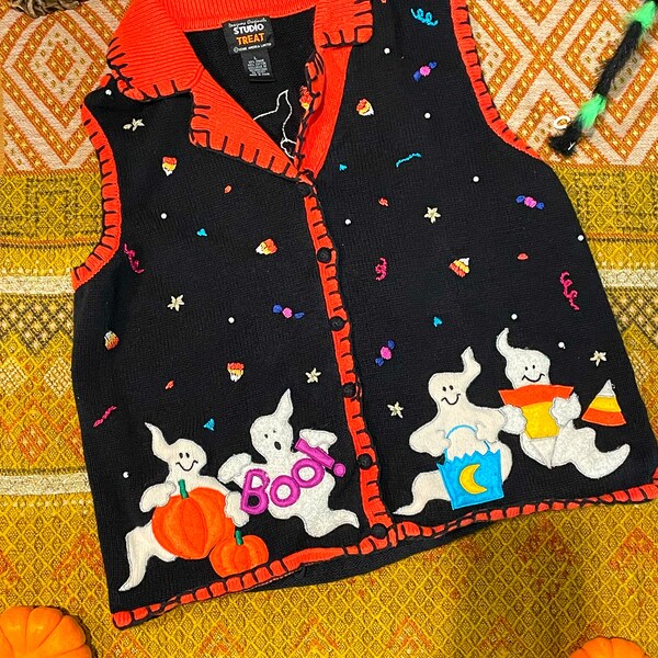 Vintage 90's Halloween holiday spooky tacky unique vest, size L, embroidered pumpkin ghost candy corn design, button up, pearl beading,party