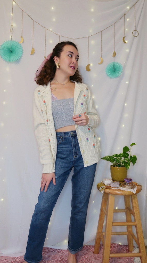 Vintage 70's Floral Argyle Knit Cardigan, White/cream Sweater