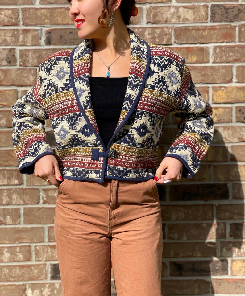 Vintage 80's 90's southwestern blanket tapestry jacket, cropped style, size S, multicolored aztec western, 100 cotton, native american style image 1