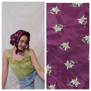 Vintage purple floral scarf, satin silky material, square 23 in, summer spring accessory, white yellow daisy pattern, preppy elegant style