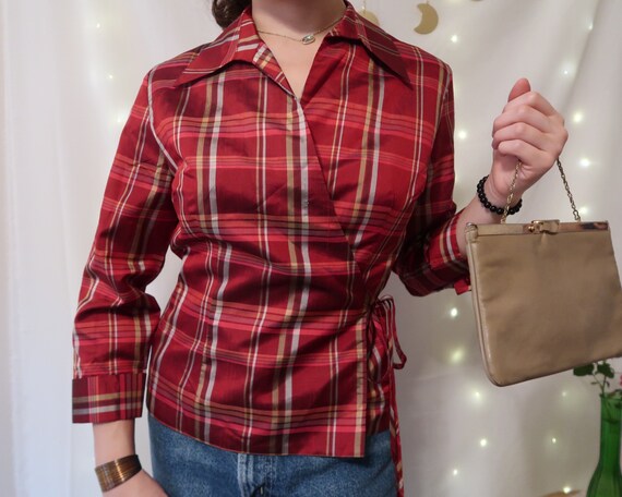 Vintage 90's / y2k silk wrap around shirt, red pl… - image 3