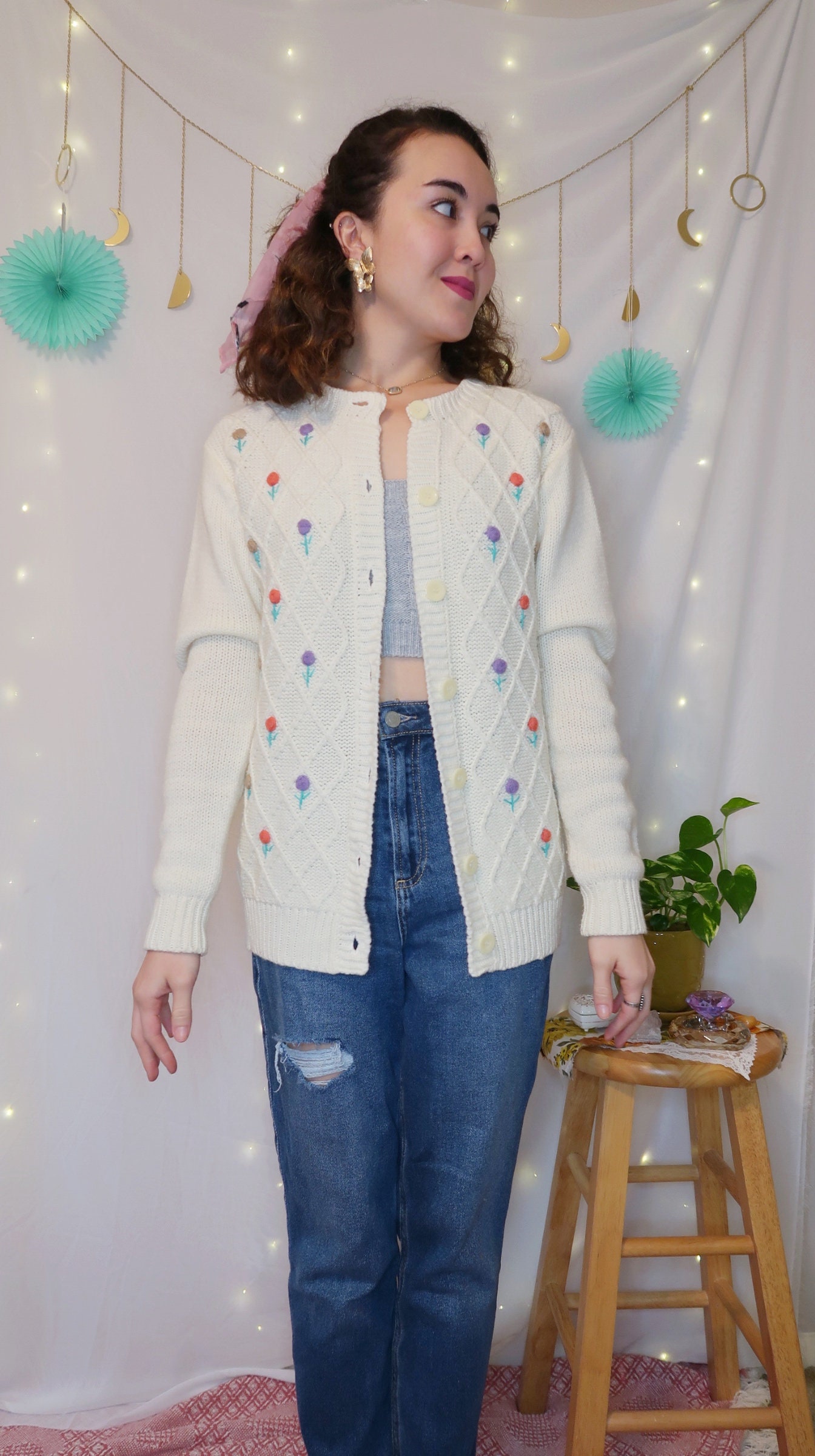 Vintage 70's Floral Argyle Knit Cardigan, White/cream Sweater