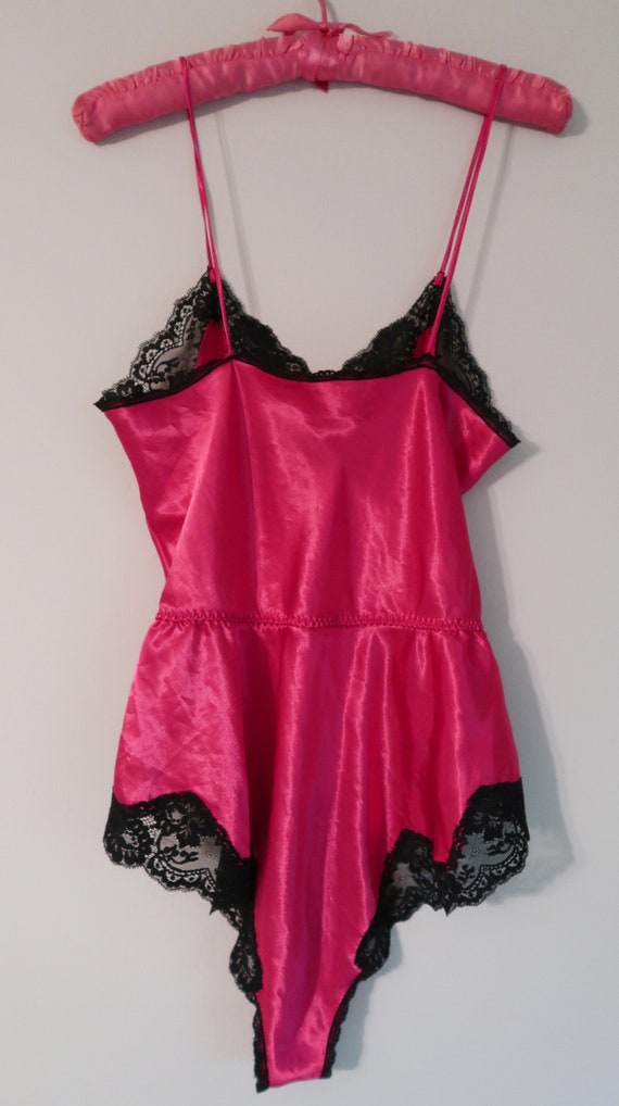 Vintage 80's hot pink black lace teddy bodysuit, … - image 6