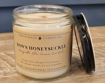 Ron's Honeysuckle Homemade Wooden Wick Candles, Handmade With Soy Wax And Natural Fragrance Oils, Average Burn 65-75 Hours