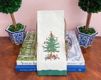 Vintage Embroidered Green and Red Christmas Tree Tea Towel | Chinoiserie Chic Home Decor GrandMillennial Style | Traditional Holiday Decor