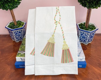 Vintage Gold, Red, & Green Christmas Tassel Linen Tea Towel | Chinoiserie Chic Home Decor GrandMillennial Style | Traditional Holiday Decor