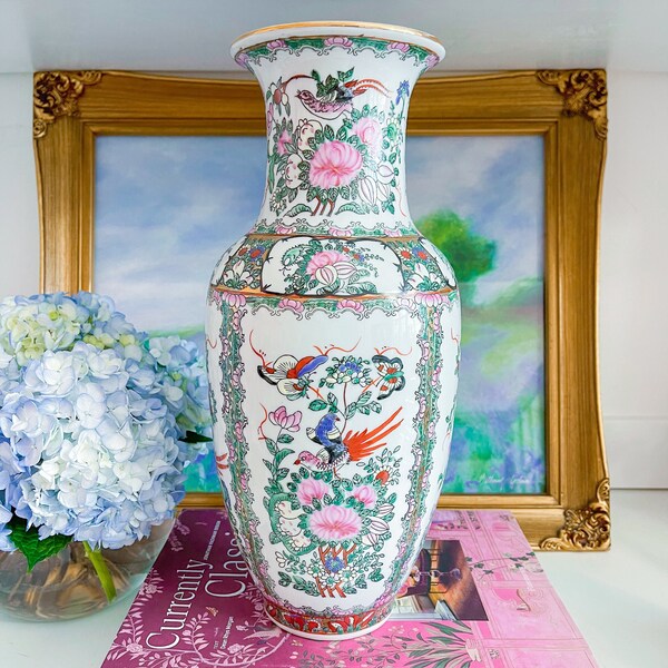 Vintage 15” Famille Rose Canton Colorful Chinoiserie Vase w/ Gold Accents | Chinoiserie Chic Home, GrandMillennial Style | Shelf Decor