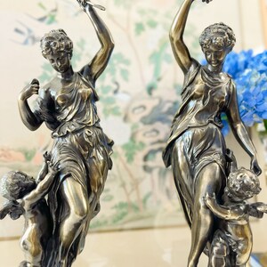 Vintage 20” Moreau Style Bronze Statue Reproduction, Woman with Cherub, Archer | French, Neoclassical Home Decor Elegant Style | Shelf Decor