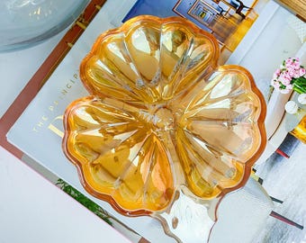 Vintage Marigold Lustreware Clover Divided Glass Plate | Chinoiserie Chic Decor, GrandMillennial Style | Decor for Built Ins, Shelf Decor