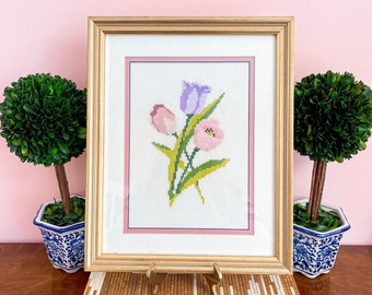 Vintage Botanical Tulip Flower Needlepoint Art in Gold Frame | Chinoiserie Chic Home Decor | GrandMillennial Style | Embroidered Vintage Art