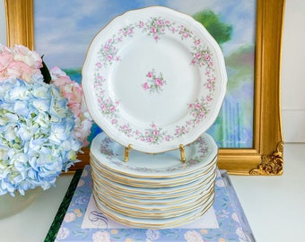 Set of 6 Vintage 7.5” Haviland Chippendale Made in Bavaria Germany Pink Floral Appetizer, Salad Plates with Gold Rim | GrandMillennial Table