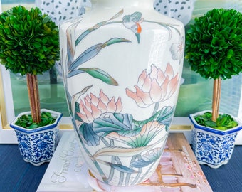 Vintage 12” Toyo Pond Scene Bird & Floral Decorative Vase w/ Gold Accents | Chinoiserie Chic Home Decor, GrandMillennial Style | Shelf Decor