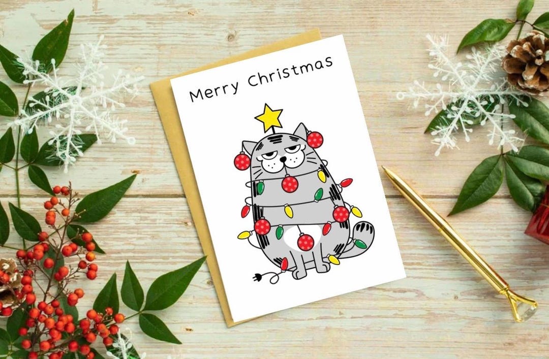Funny Cat Christmas Card – Grumpy Cat Tangled in Lights – Humorous ...