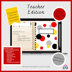 Digital Planner for Teachers in Mickey-Inspired color theme with Calendar, Contact, Attendance, Grades, Student Tracker and more stickers