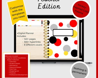 Digital Planner for Teachers in Mickey-Inspired color theme with Calendar, Contact, Attendance, Grades, Student Tracker and more stickers