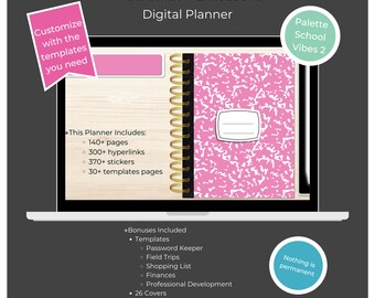 Digital Planner | Teacher's Edition | School Vibes 2 | 2-Page | Undated | Hyperlinked | Calendars, Contacts, Lesson Plans, Finances and more