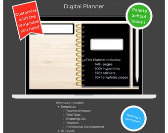 Digital Planner | Teacher's Edition | School Vibes 1 | 2-Page | Undated | Hyperlinked | Calendars, Contacts, Lesson Plans, Finances and more