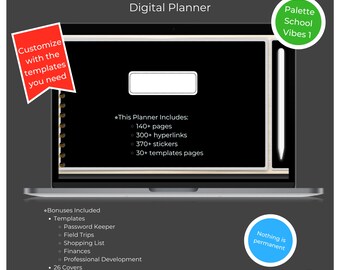 Digital Planner | Teacher's Edition | School Vibes 1 | 1-Page | Undated | Hyperlinked | Calendars, Contacts, Lesson Plans, Finances and more