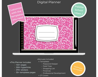 Digital Planner | Teacher's Edition | School Vibes 2 | 1-Page | Undated | Hyperlinked | Calendars, Contacts, Lesson Plans, Finances and more