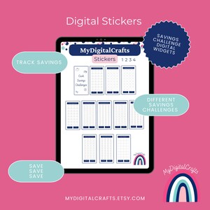 Könnte beinhalten: Digitale Sticker für eine Sparherausforderung. Die Sticker sind in einem blau-weißen Farbschema gehalten und zeigen verschiedene Designs, darunter ein Sparschwein, eine Münze und ein Dollarzeichen. Der Text "MyDigitalCrafts" und "Savings Challenge Digital Widgets" ist ebenfalls auf den Stickern enthalten.